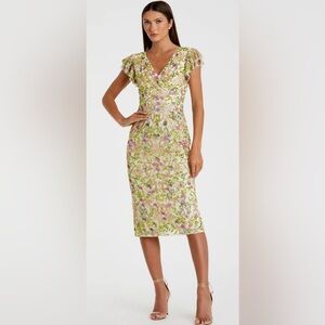 Mac Duggal Beige Floral Embellished Flutter Cap Sleeve Size 16 NWT.